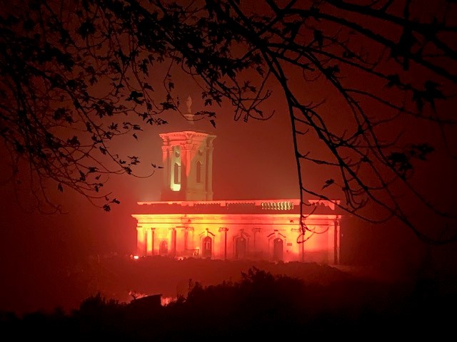Normaton Church glowing in mist